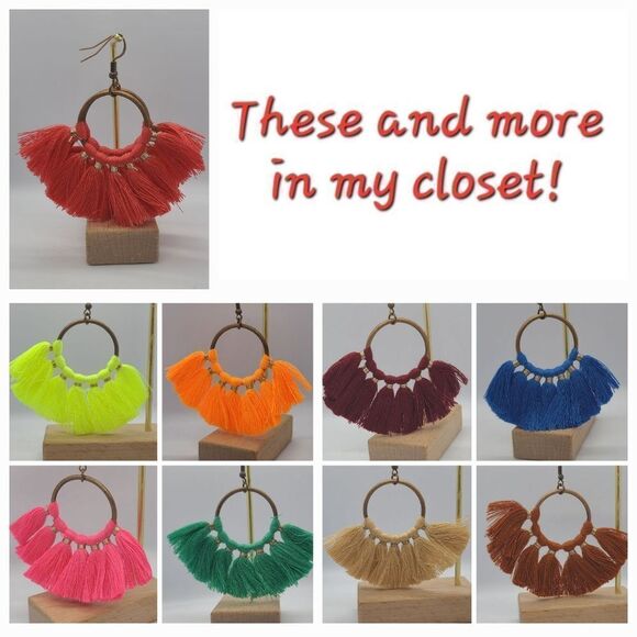 Green Boho Fringe Tassel Hoop Fan Dangle Drop Earrings Tribal Native Jewelry New - Picture 6 of 7